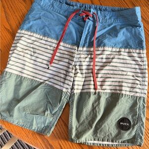 RVCA Men's Striped Blue and Green Swim Board Shorts